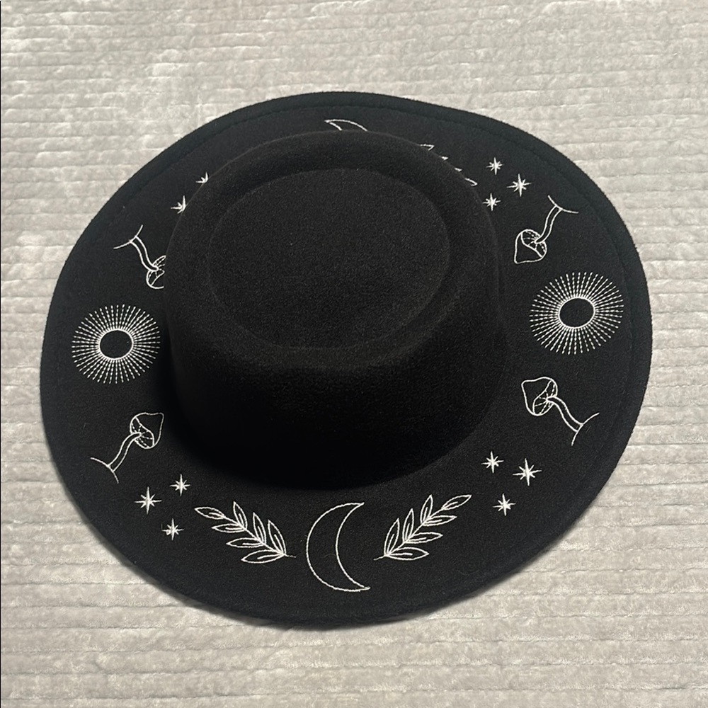Black Halloween Hat with White Celestial Embroidery